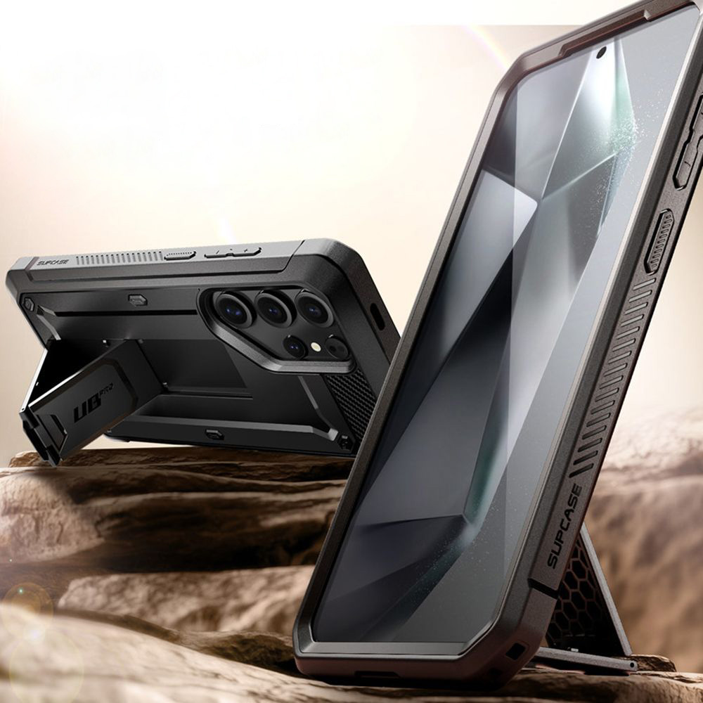 Etui pancerne z osłoną na ekran, z wbudowaną podstawką i kaburą z klipsem obrotowym Supcase Unicorn Beetle Pro do Galaxy S25 Ultra, czarne